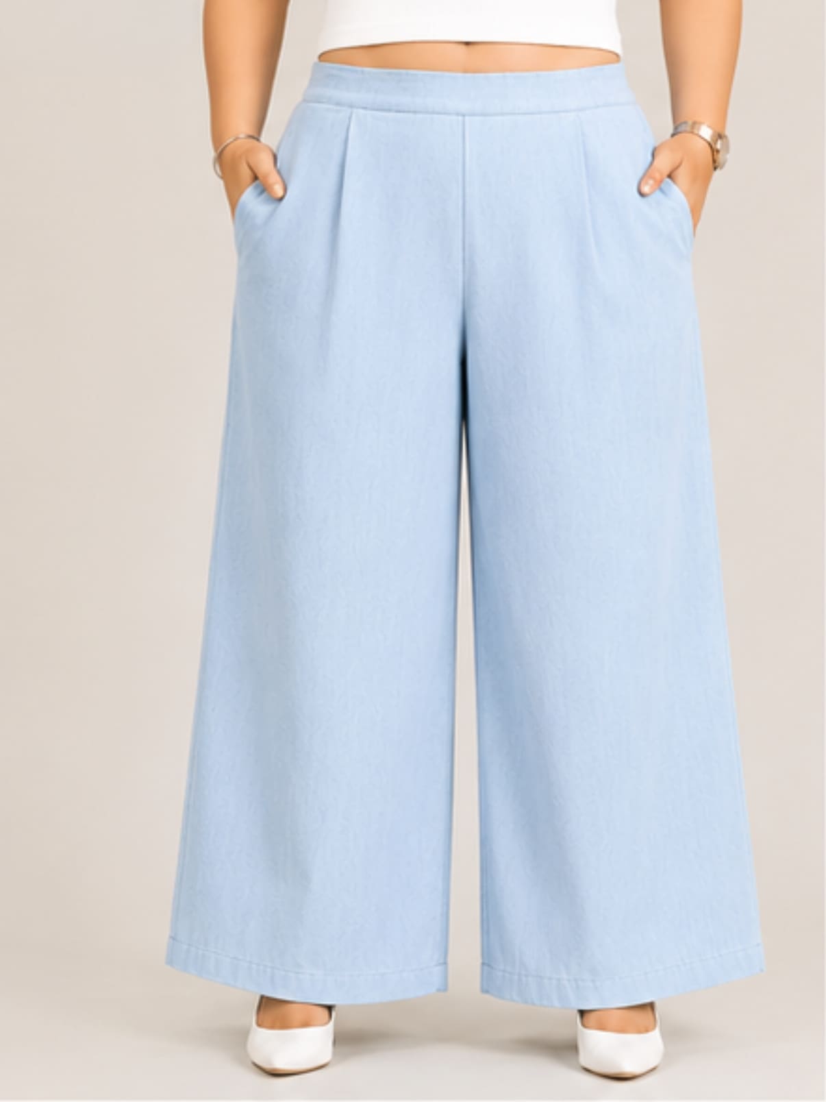 Women Solid Wide Leg Denim Palazzo