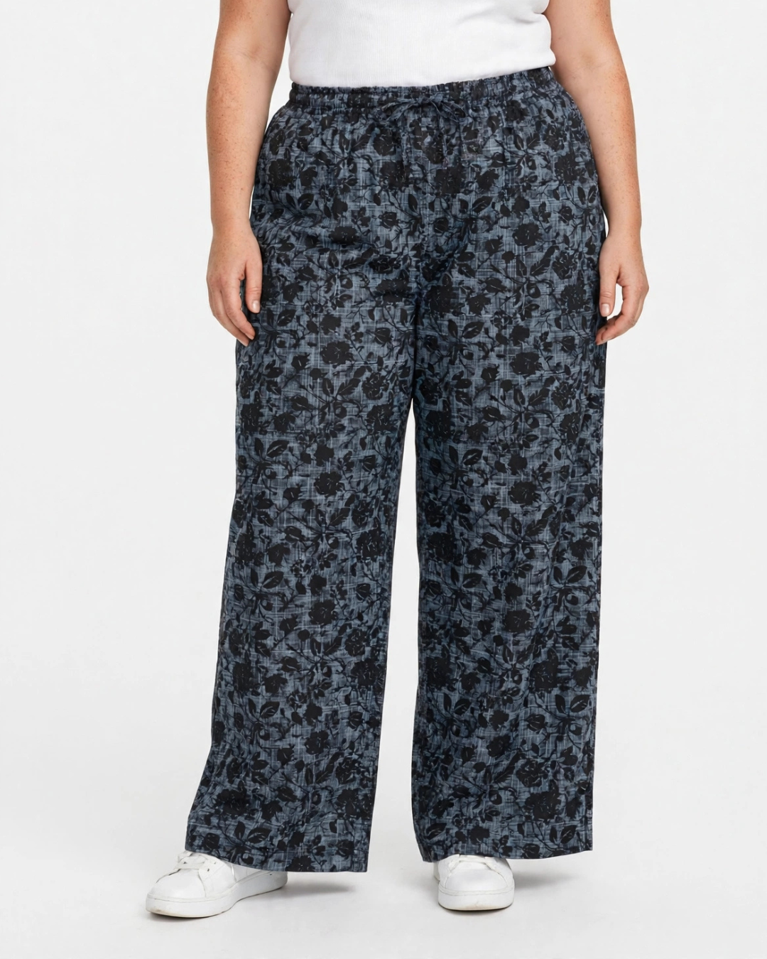 Women Grey Printed Wide Denim Leg Pants with Elasticated Waist