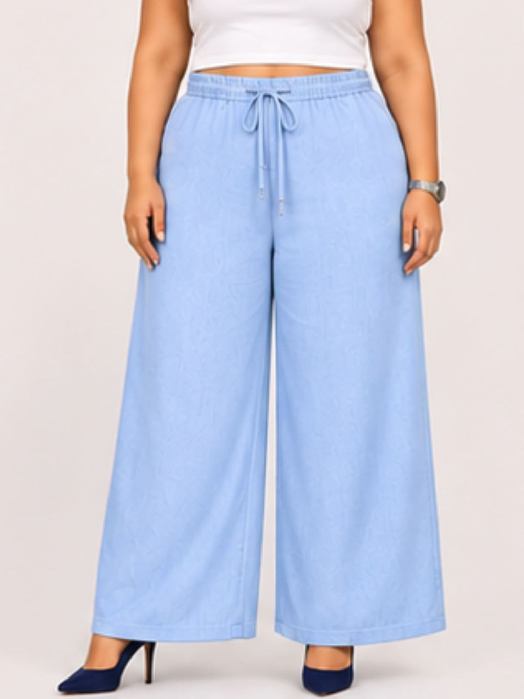 Women Sky Blue Solid Wide Leg Drawstring Palazzo Pants | CHARM