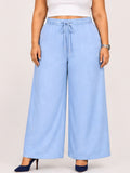 Women Sky Blue Solid Wide Leg Drawstring Palazzo Pants | CHARM