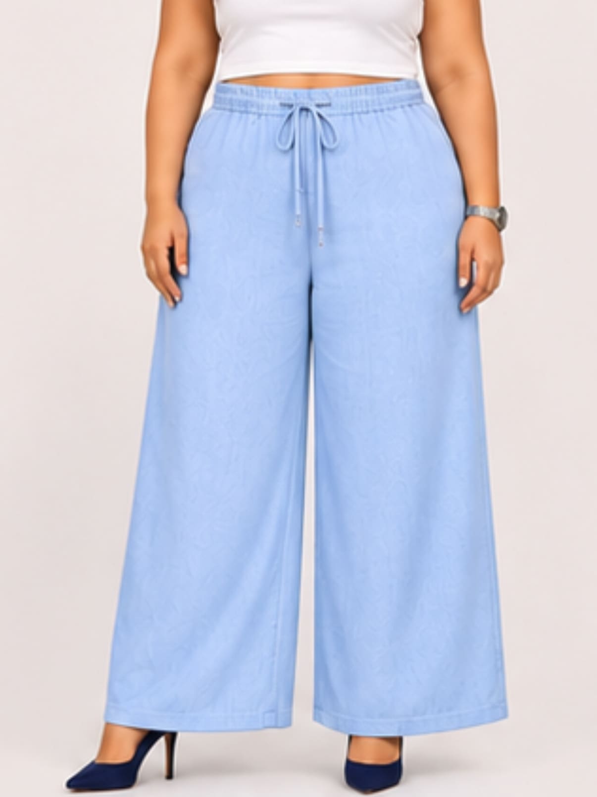 Women Sky Blue Solid Wide Leg Drawstring Palazzo Pants | CHARM