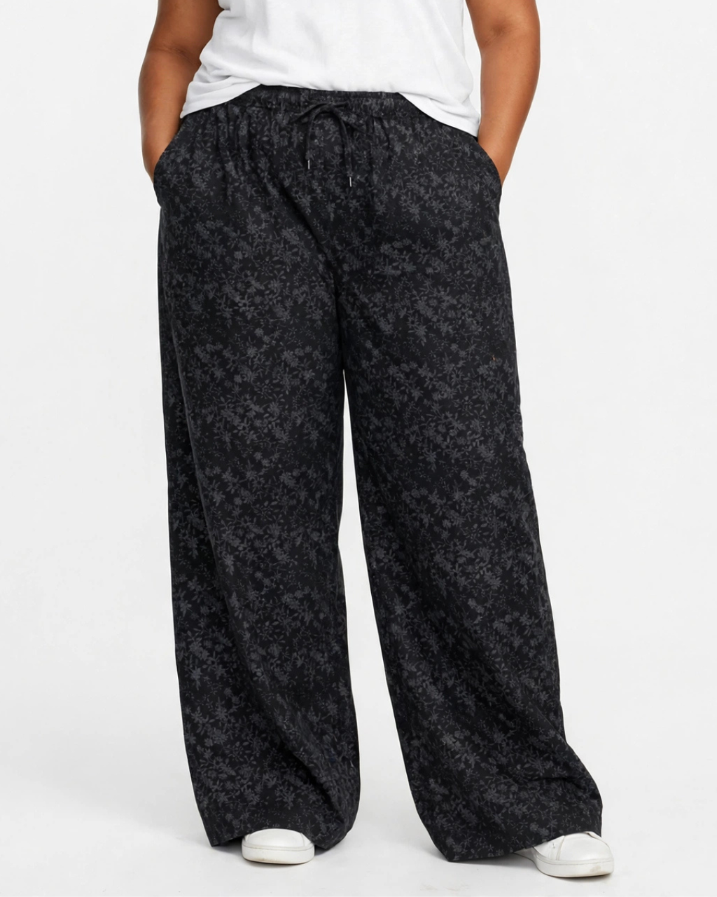 Women Black Floral Printed Denim Wide Leg Pants with Elasticated Waist