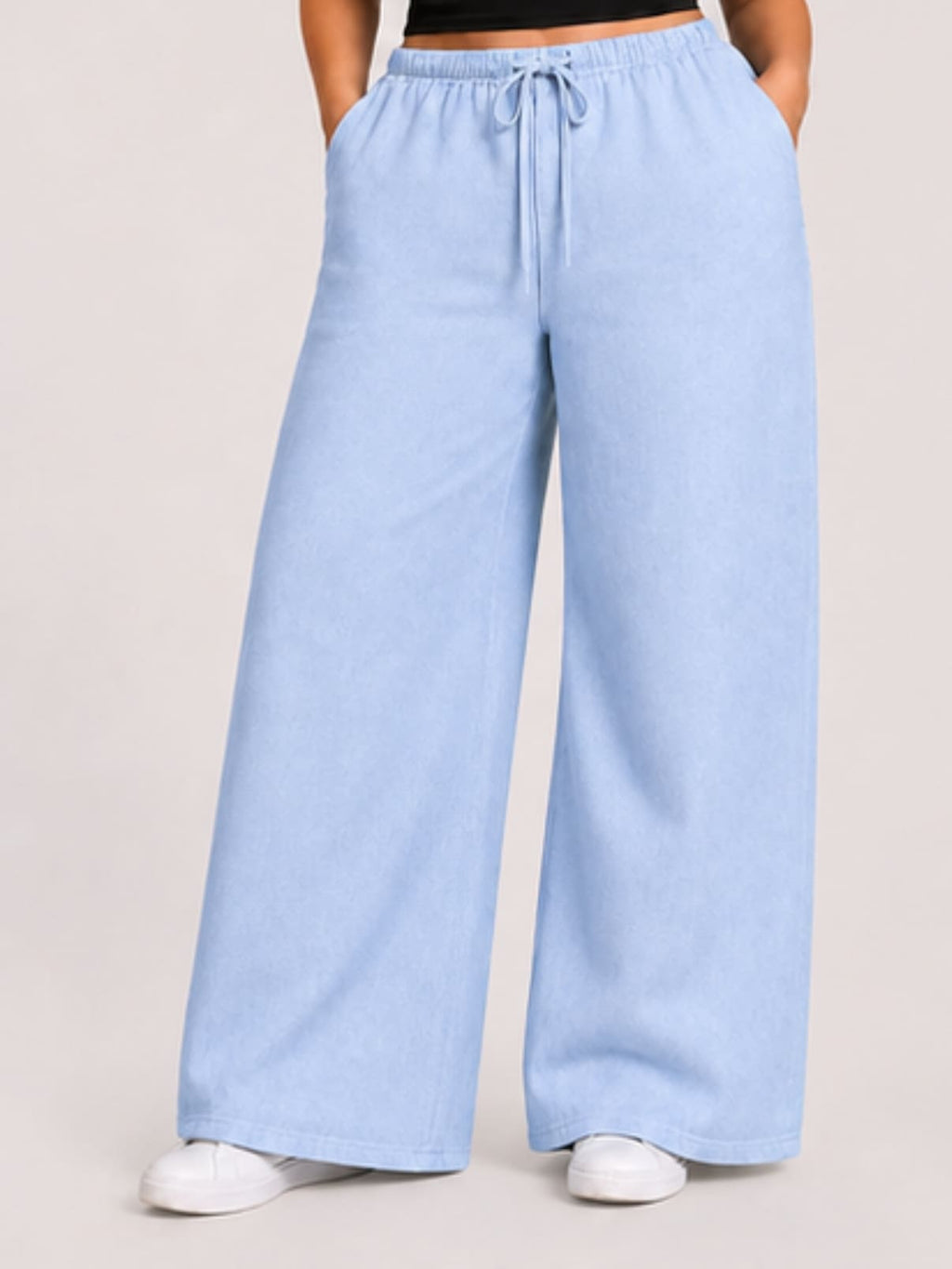 Women Sky Blue Solid Wide Leg Drawstring Palazzo Pants | SKYEE