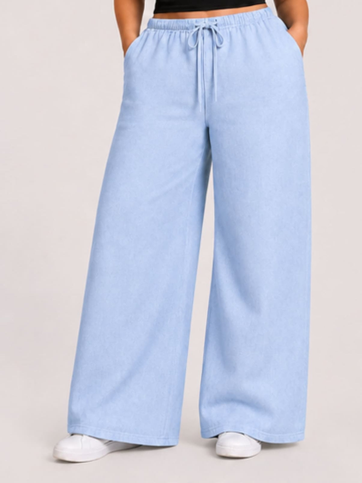 Women Sky Blue Solid Wide Leg Drawstring Palazzo Pants | SKYEE