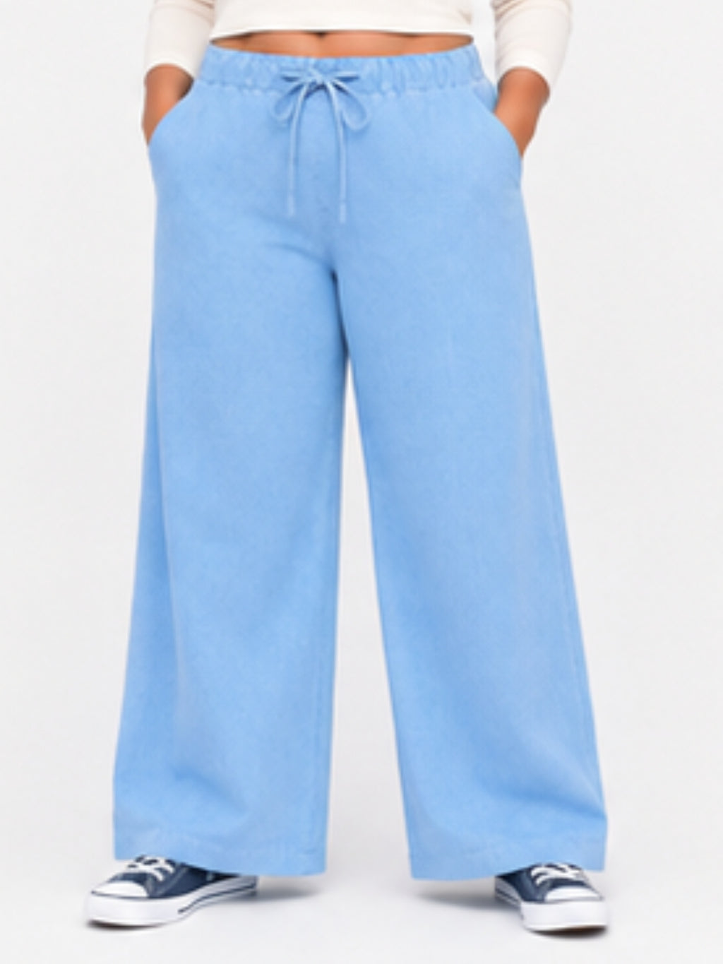 Women Sky Blue Solid Wide Leg Drawstring Palazzo Pants | PLATO