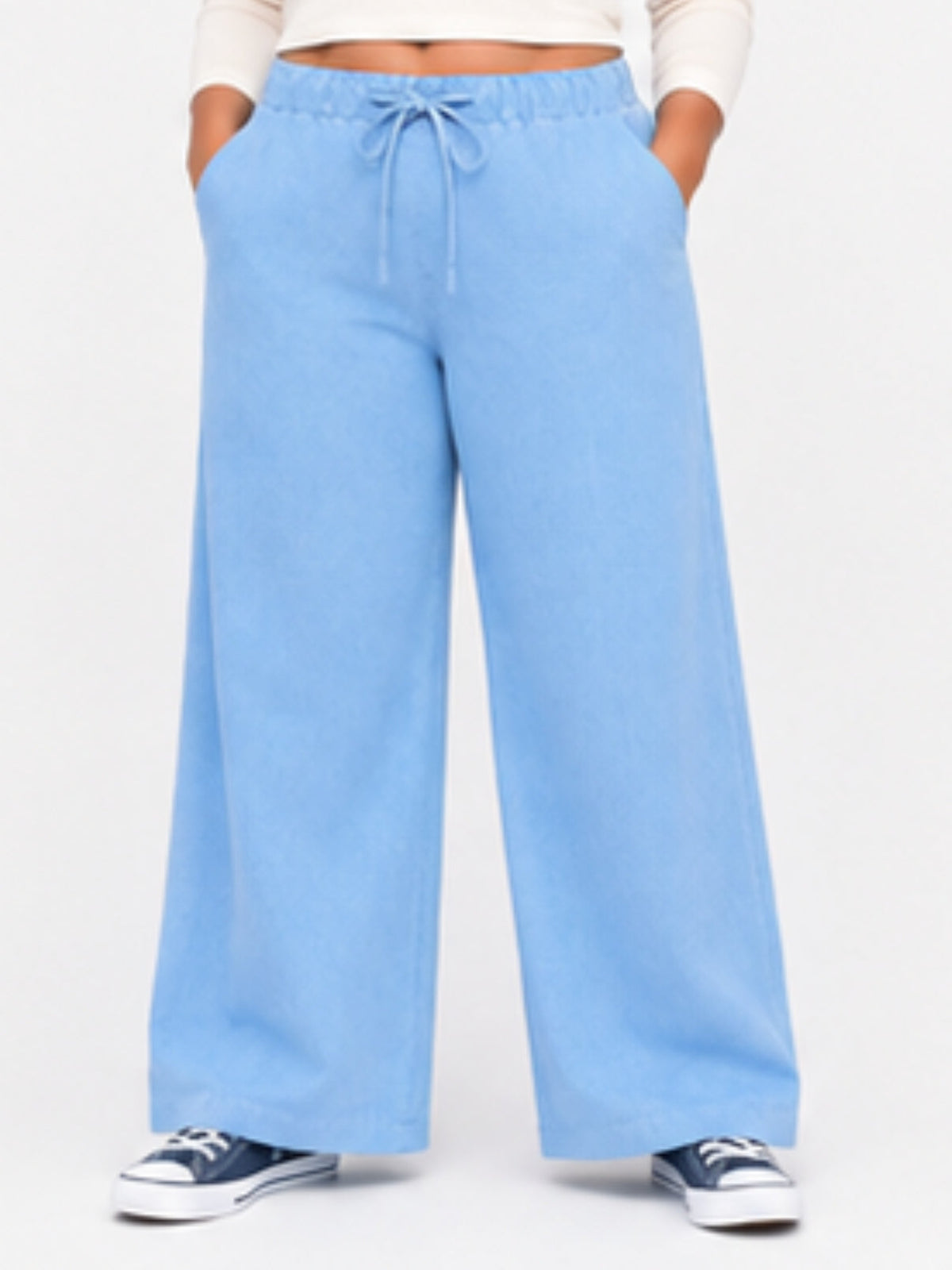 Women Sky Blue Solid Wide Leg Drawstring Palazzo Pants | PLATO