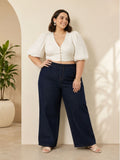 Women's Plus Size Dark Blue Denim Wide Leg Palazzo Jeans | MENTO
