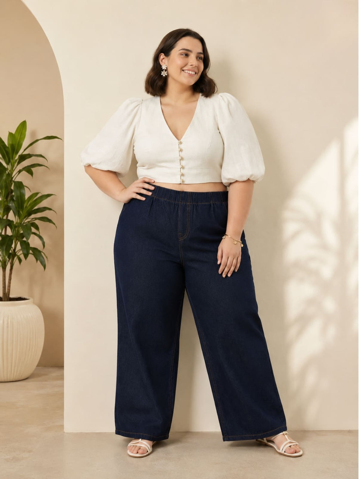 Women's Plus Size Dark Blue Denim Wide Leg Palazzo Jeans | MENTO