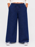 Women Dark Blue Solid Wide Leg Drawstring Palazzo Pants | ZINTO