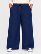 Women Dark Blue Solid Wide Leg Drawstring Palazzo Pants | ZINTO