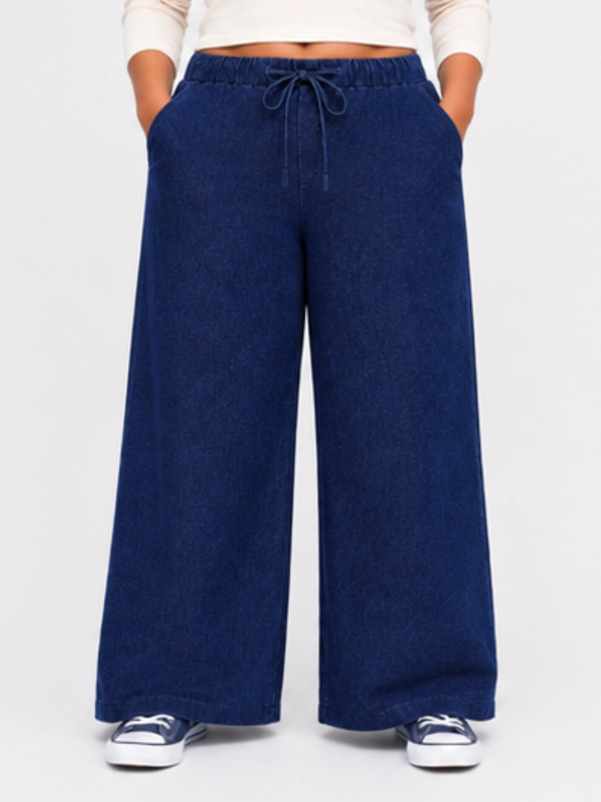 Women Dark Blue Solid Wide Leg Drawstring Palazzo Pants | ZINTO