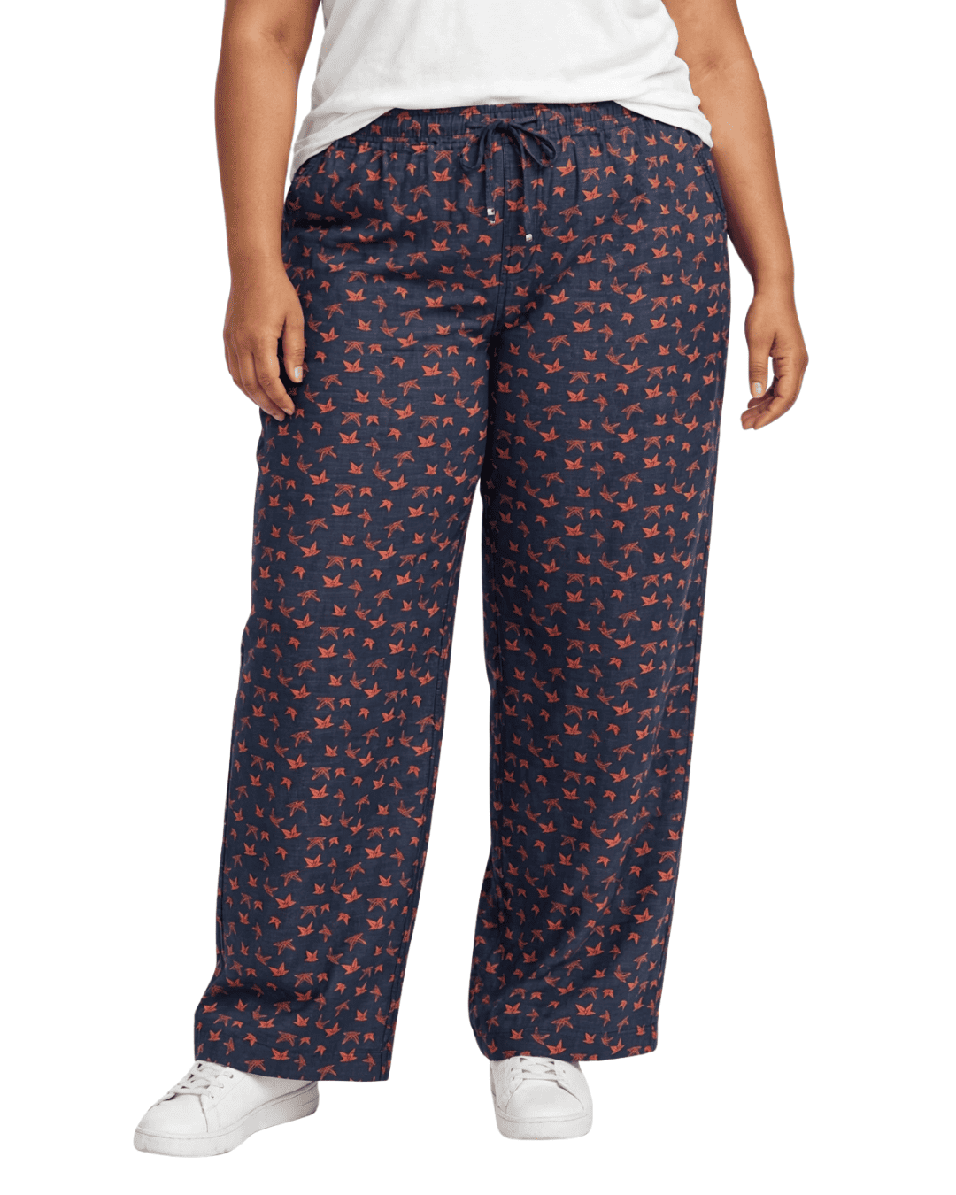 Women Navy Blue Printed Wide Denim Leg Pants with Elasticated Waist
