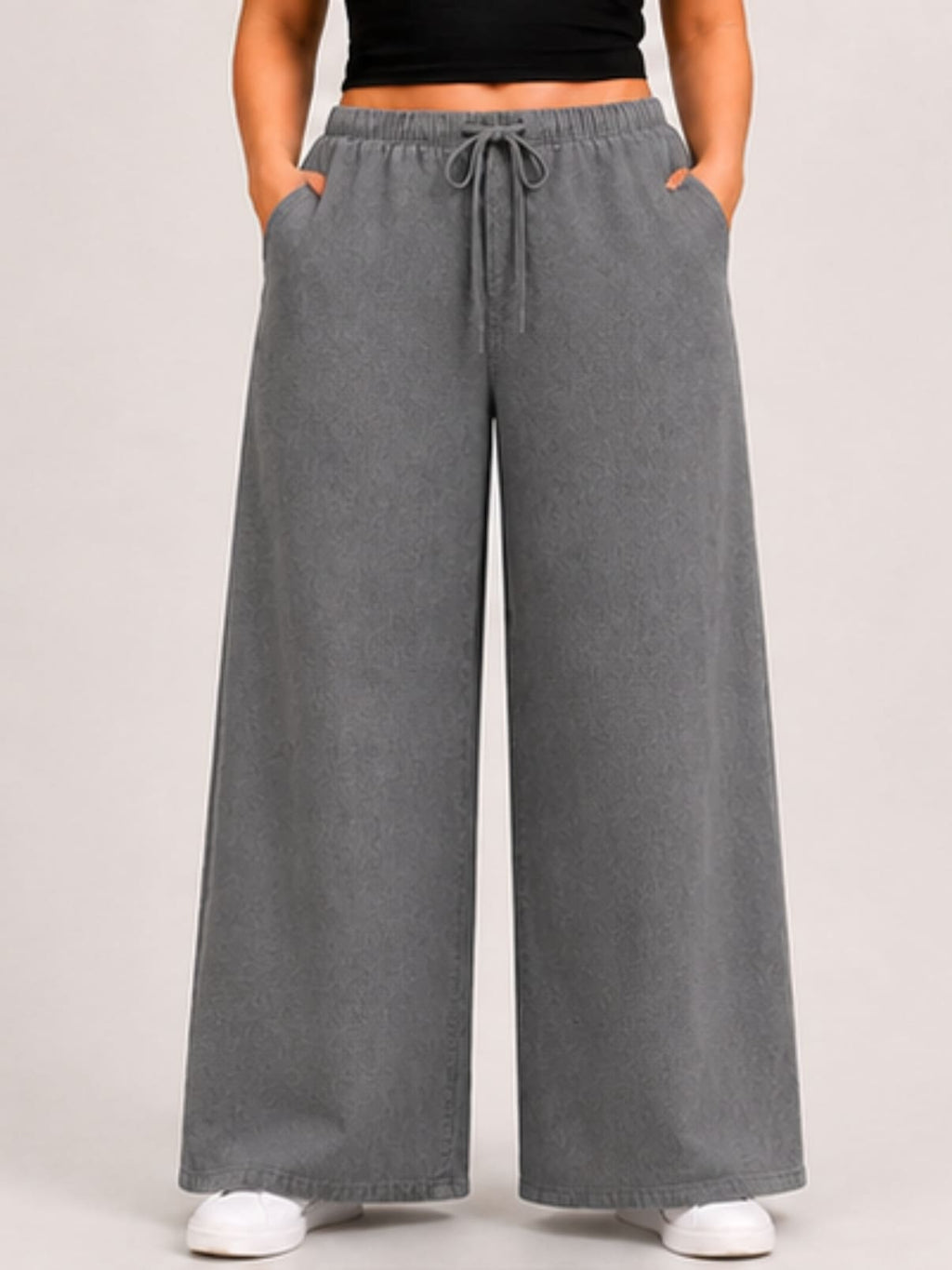 Women Grey Solid Wide Leg Drawstring Palazzo Pants | GLASY