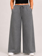 Women Grey Solid Wide Leg Drawstring Palazzo Pants | GLASY
