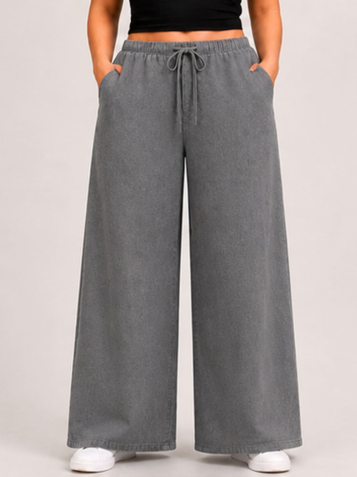 Women Grey Solid Wide Leg Drawstring Palazzo Pants | GLASY