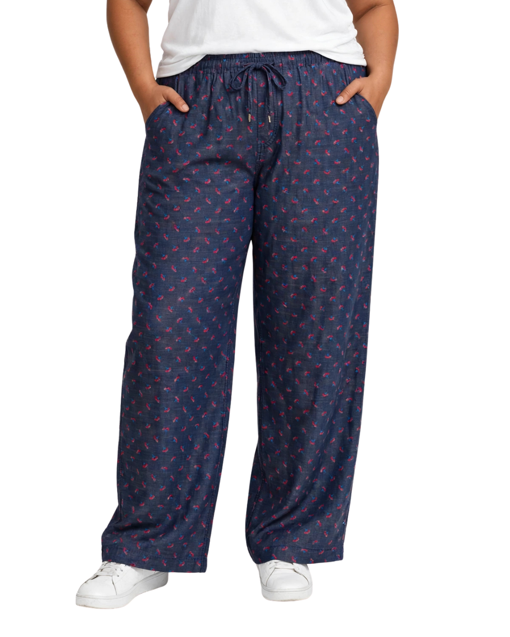 Women Navy Blue Printed Wide Denim Leg Pants with Elasticated Waist