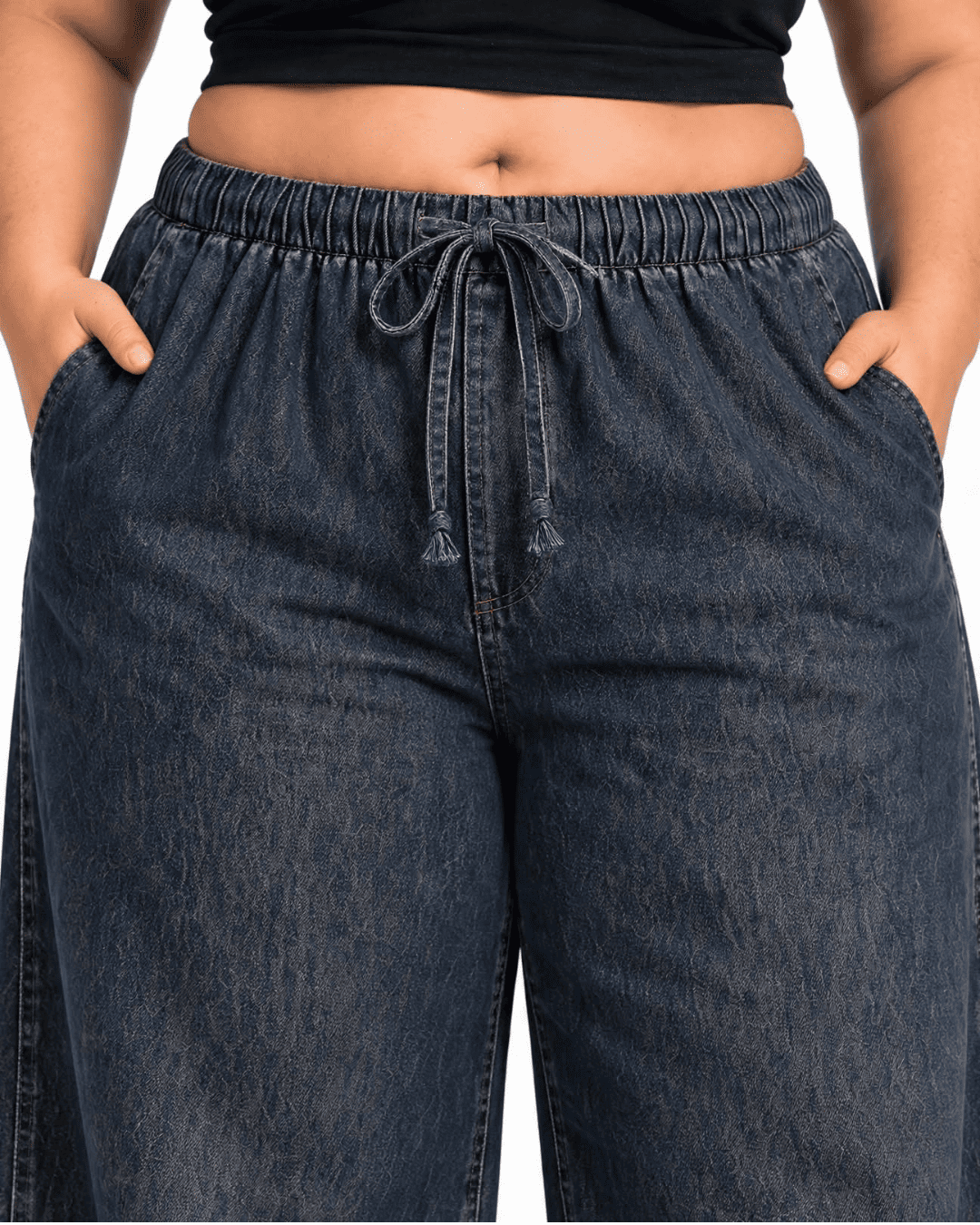 Women Wide Denim Leg Pants with Elasticated Waist | TINTAA