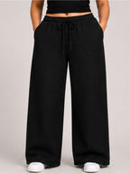 Women Black Solid Wide Leg Drawstring Palazzo Pants | BLAIS