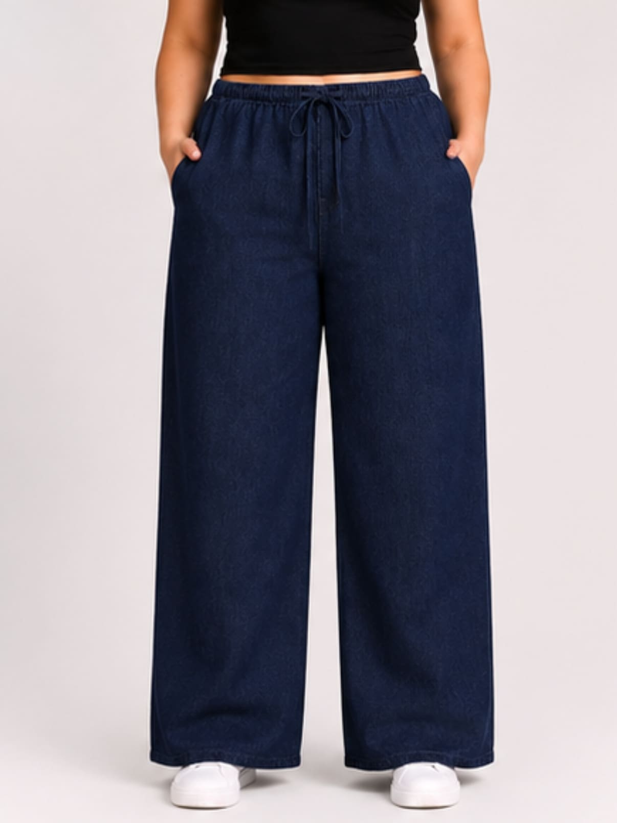 Women Navy Blue Solid Wide Leg Drawstring Palazzo Pants | BLUES