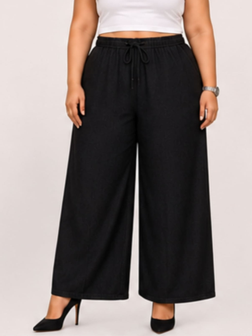 Women Black Solid Wide Leg Drawstring Palazzo Pants | DIVAA