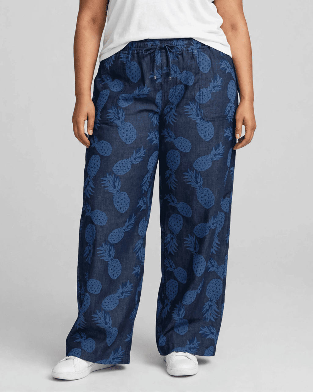 Women Navy Blue Pineapple Printed Wide Denim Leg Pants with Elasticated Waist
