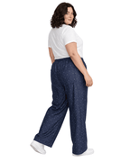 Women Navy Blue Printed Wide Denim Leg Pants with Elasticated Waist