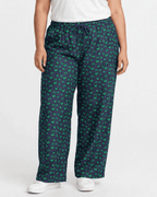 Women Navy Blue Printed Wide Denim Leg Pants with Elasticated Waist