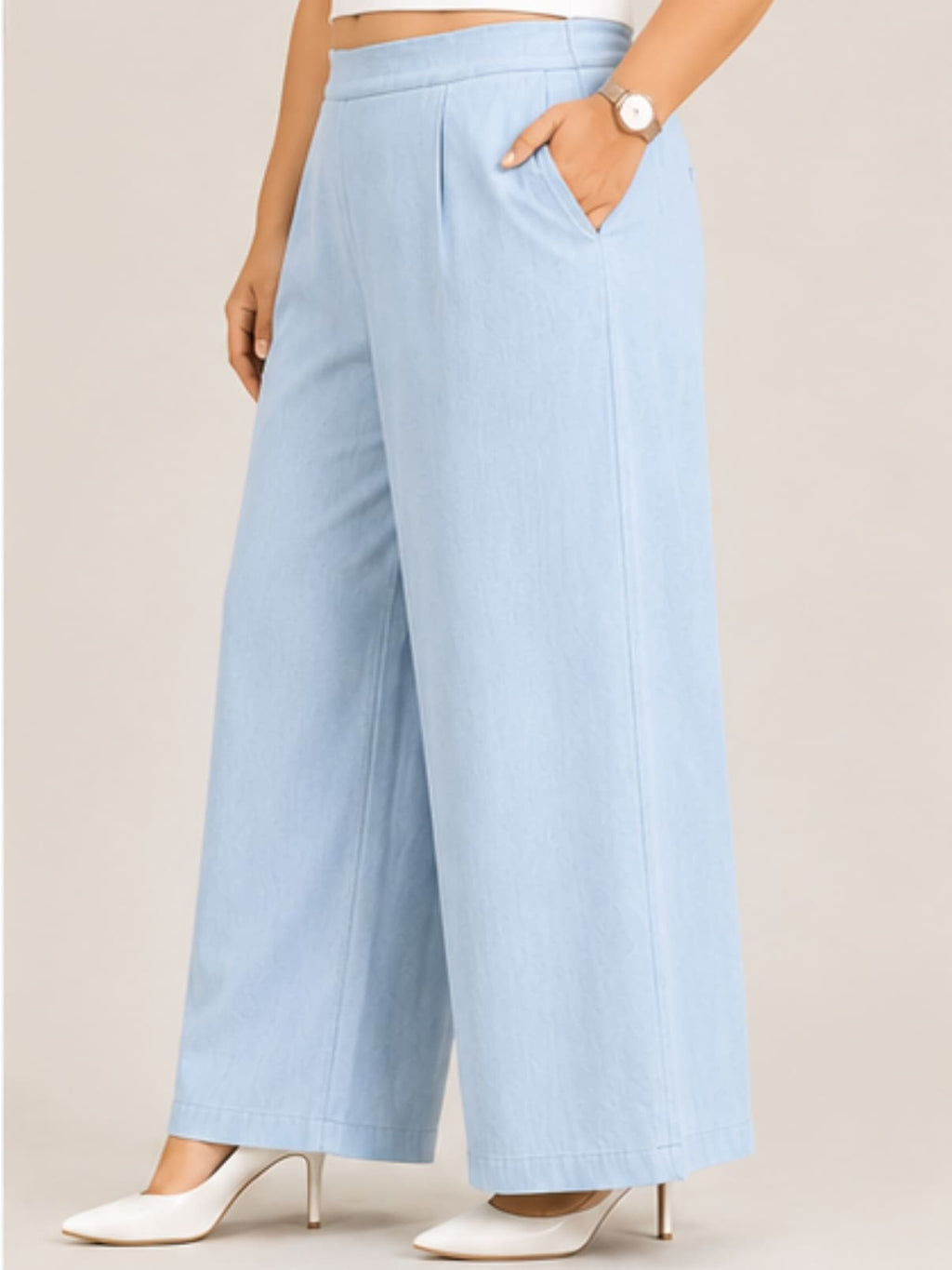 Women Solid Wide Leg Denim Palazzo