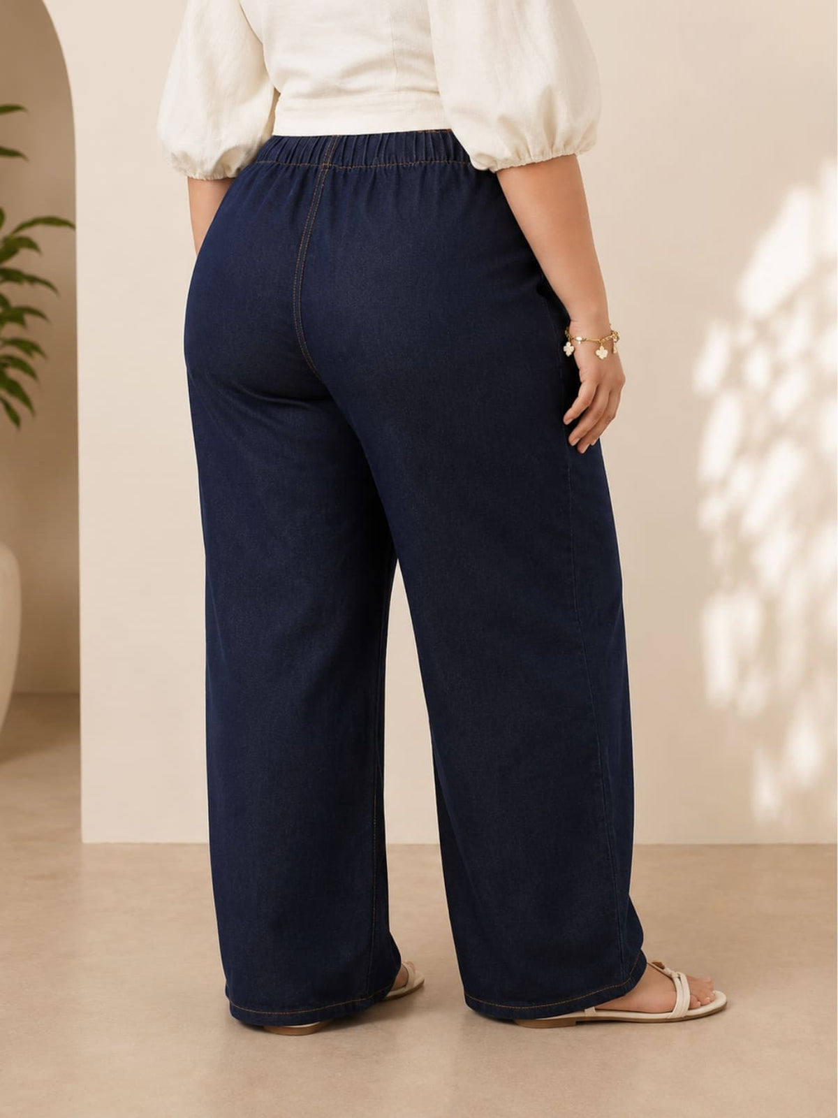 Women's Plus Size Dark Blue Denim Wide Leg Palazzo Jeans | MENTO