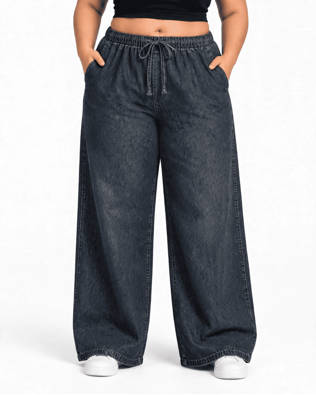 Women Wide Denim Leg Pants with Elasticated Waist | TINTAA