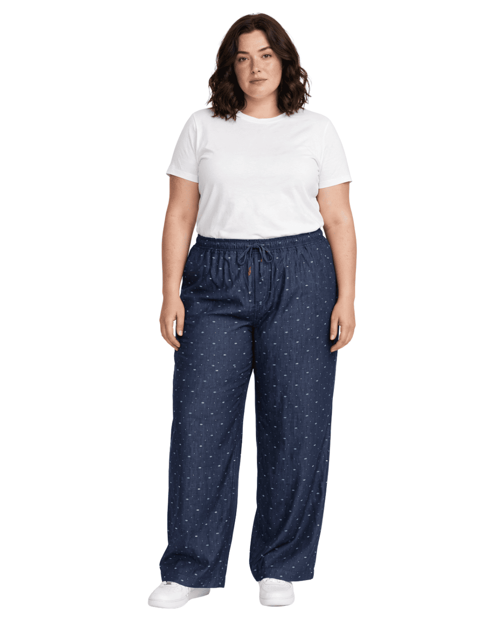 Women Navy Blue Printed Wide Denim Leg Pants with Elasticated Waist