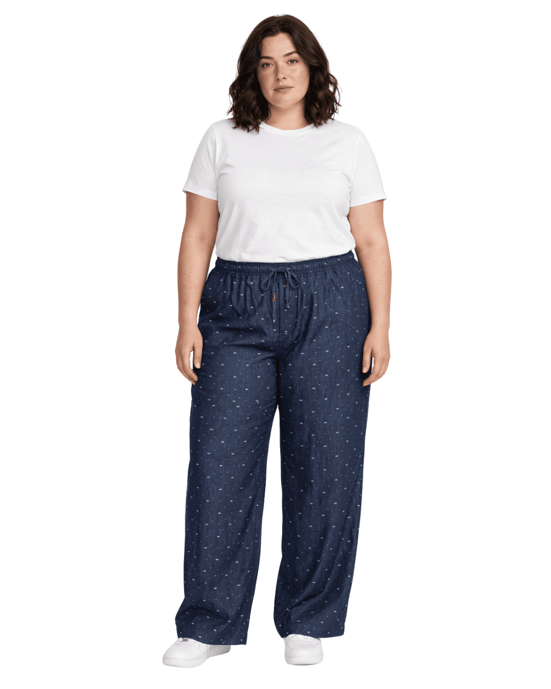 Women Navy Blue Printed Wide Denim Leg Pants with Elasticated Waist