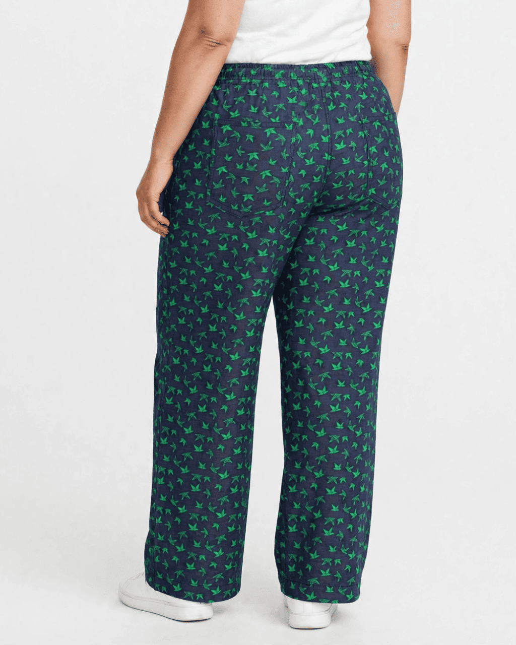 Women Navy Blue Printed Wide Denim Leg Pants with Elasticated Waist