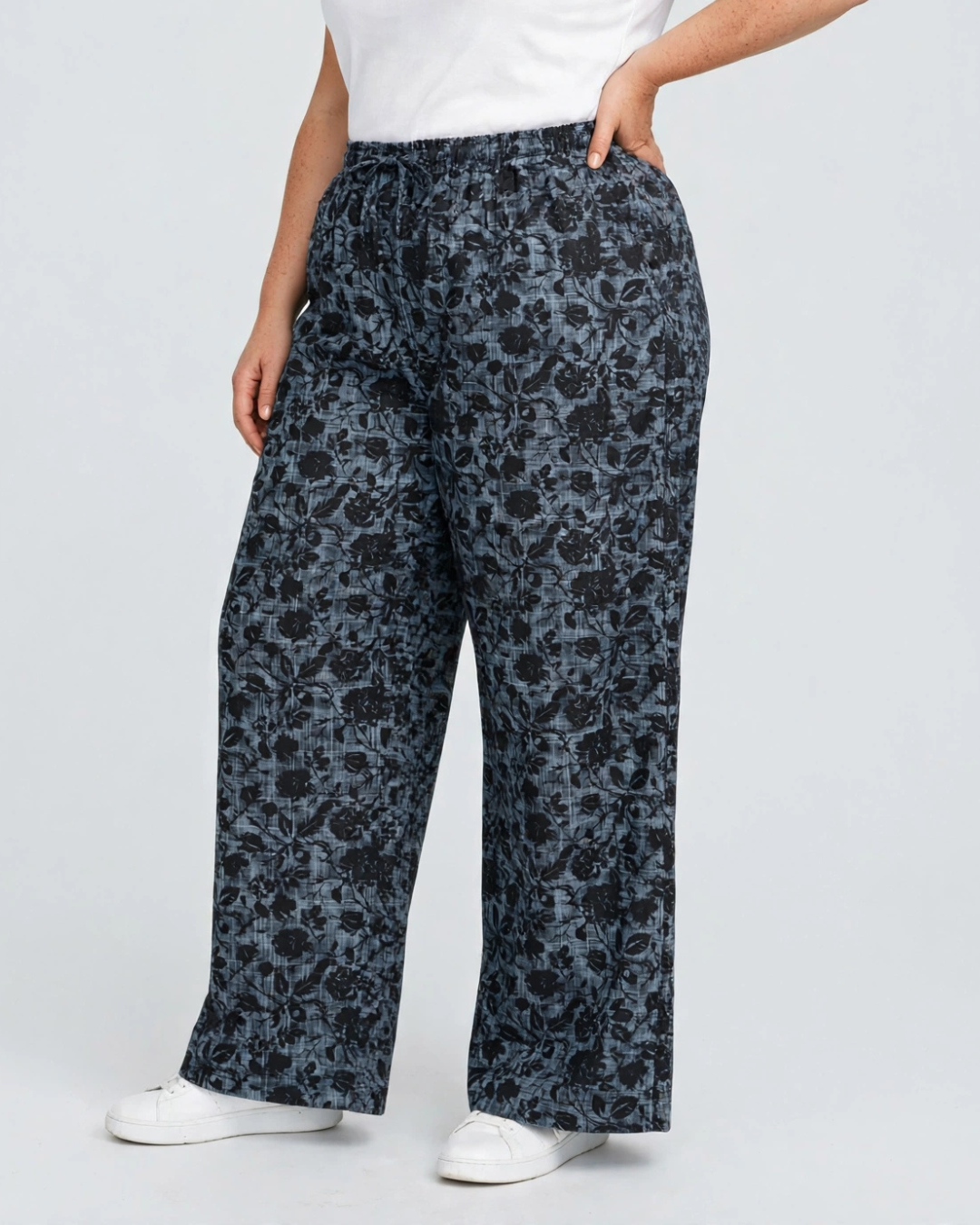 Women Grey Printed Wide Denim Leg Pants with Elasticated Waist