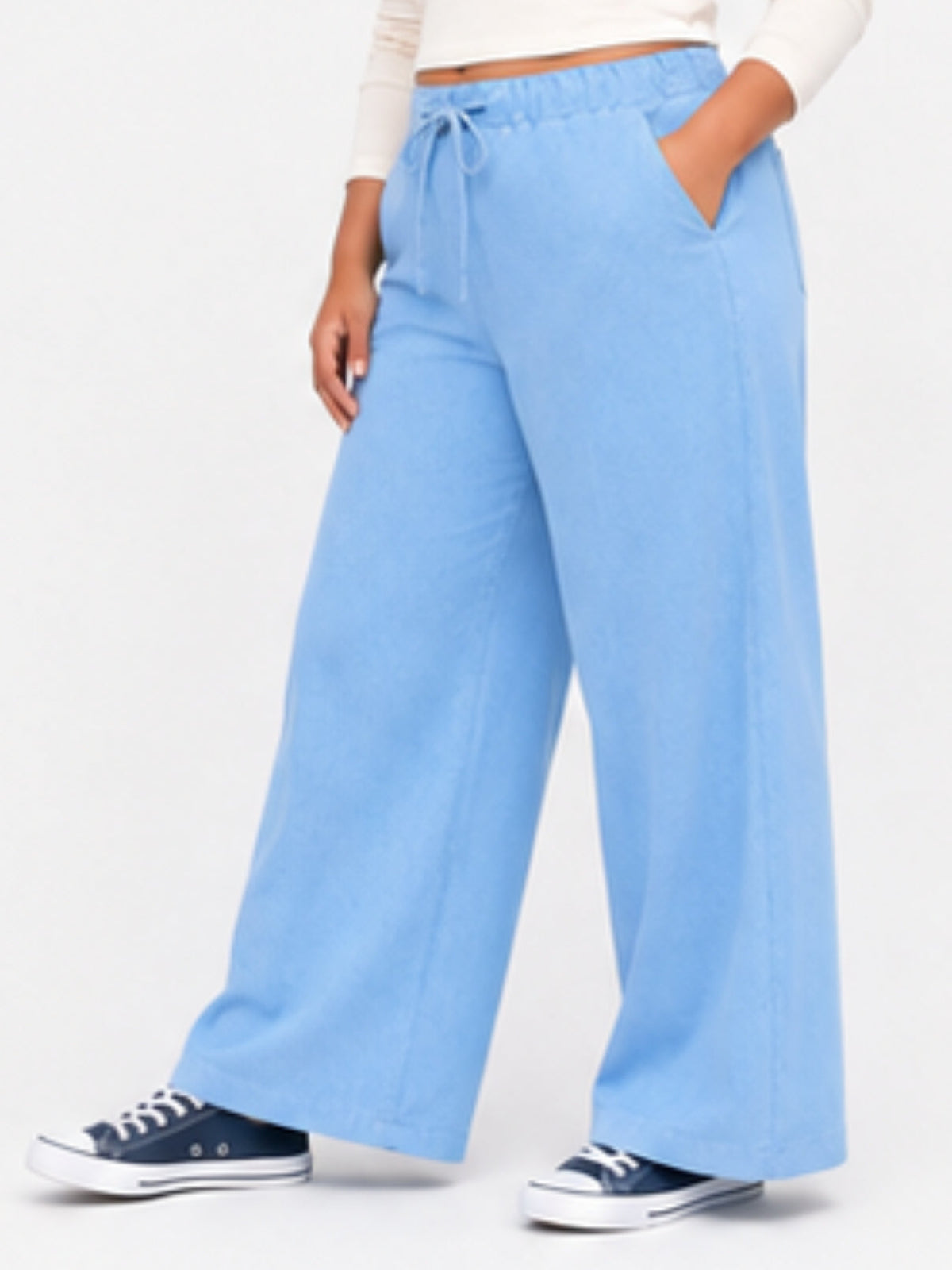 Women Sky Blue Solid Wide Leg Drawstring Palazzo Pants | PLATO