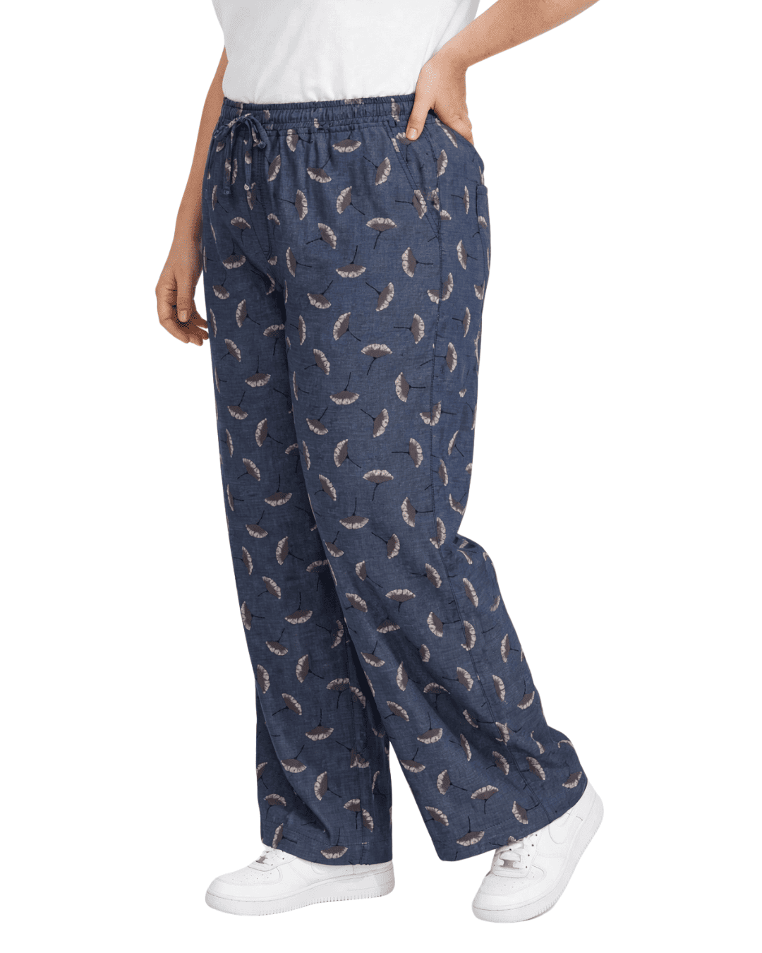 Women Denim Navy Blue Printed Wide Leg Pants with Elasticated Waist
