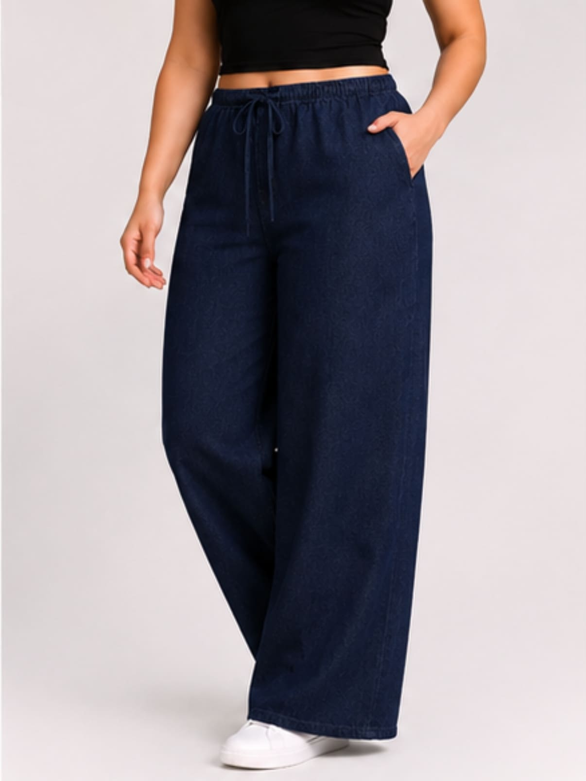 Women Navy Blue Solid Wide Leg Drawstring Palazzo Pants | BLUES