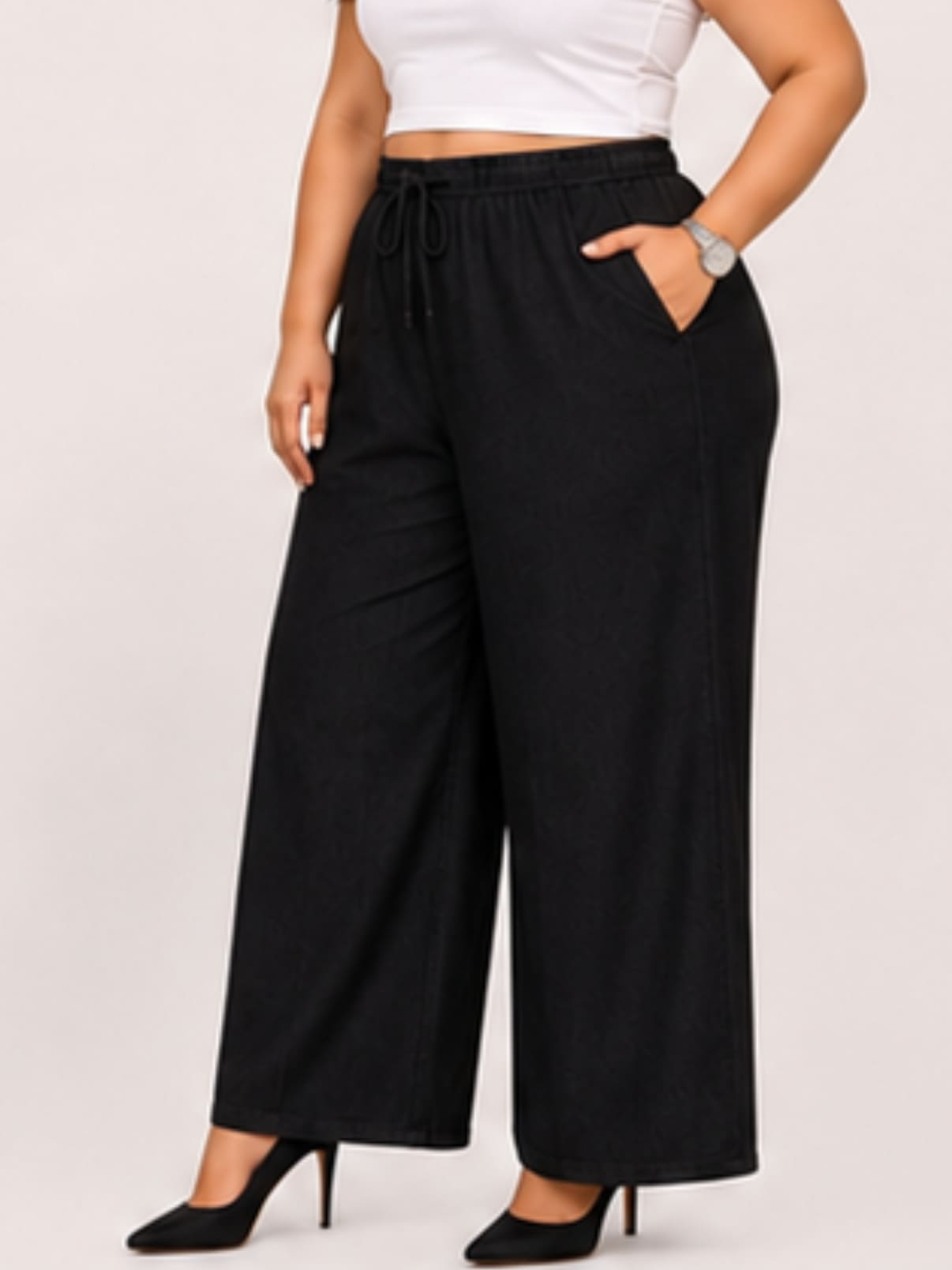Women Black Solid Wide Leg Drawstring Palazzo Pants | DIVAA