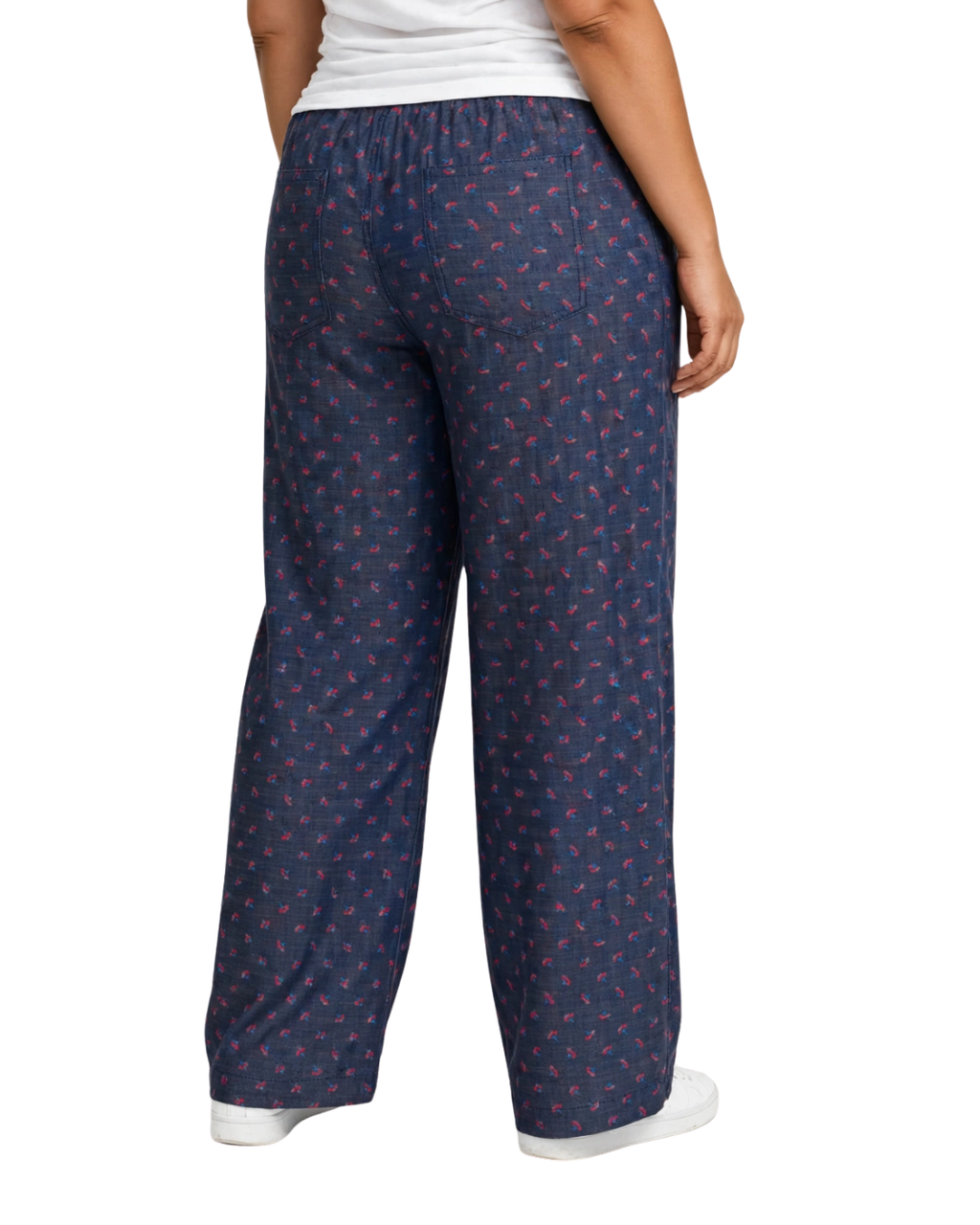 Women Navy Blue Printed Wide Denim Leg Pants with Elasticated Waist