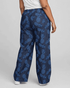 Women Navy Blue Pineapple Printed Wide Denim Leg Pants with Elasticated Waist
