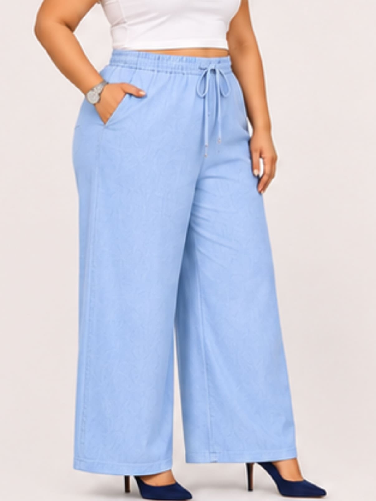 Women Sky Blue Solid Wide Leg Drawstring Palazzo Pants | CHARM