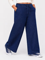 Women Dark Blue Solid Wide Leg Drawstring Palazzo Pants | ZINTO