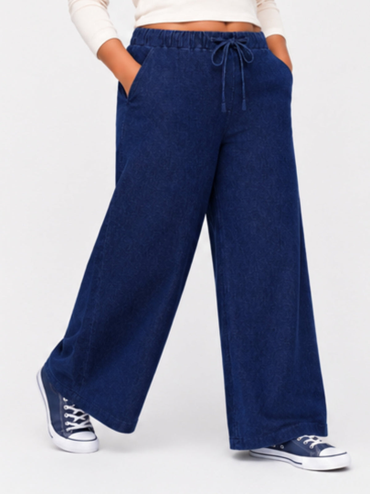 Women Dark Blue Solid Wide Leg Drawstring Palazzo Pants | ZINTO