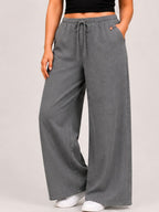 Women Grey Solid Wide Leg Drawstring Palazzo Pants | GLASY