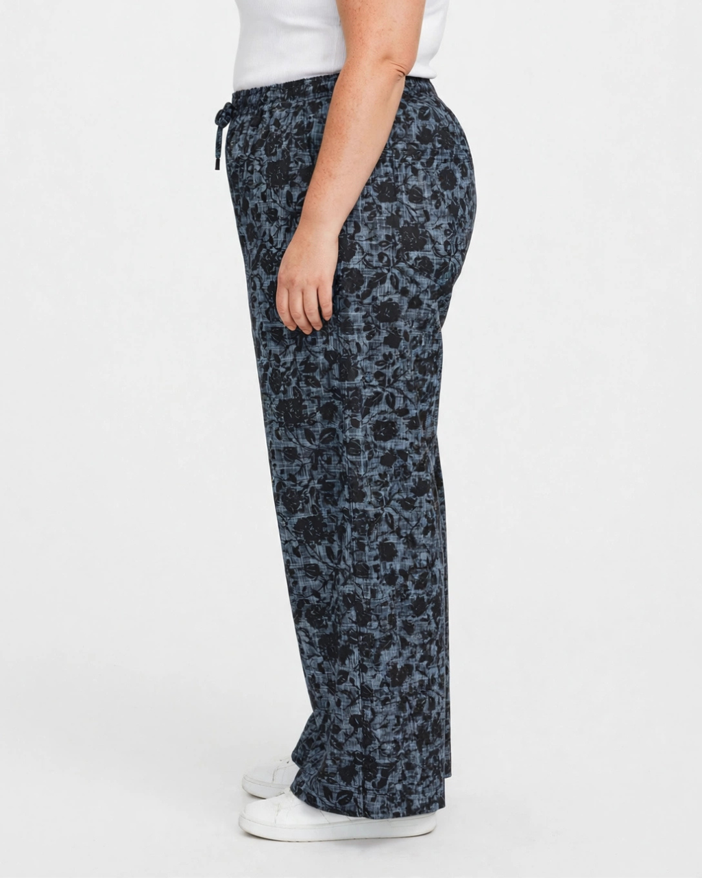 Women Grey Printed Wide Denim Leg Pants with Elasticated Waist
