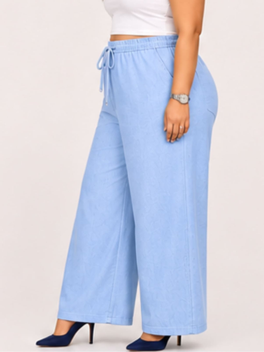 Women Sky Blue Solid Wide Leg Drawstring Palazzo Pants | CHARM