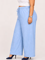 Women Sky Blue Solid Wide Leg Drawstring Palazzo Pants | CHARM