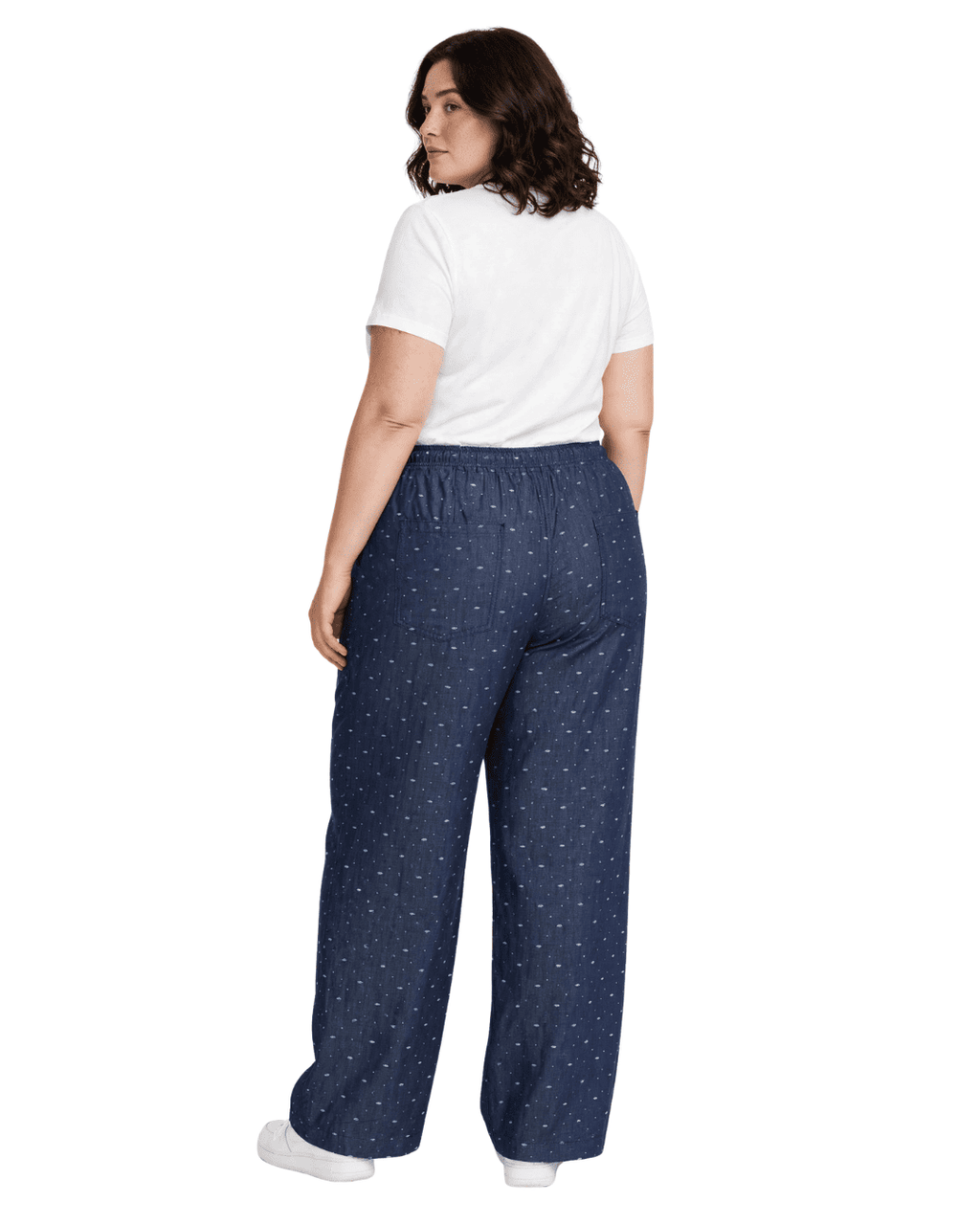 Women Navy Blue Printed Wide Denim Leg Pants with Elasticated Waist