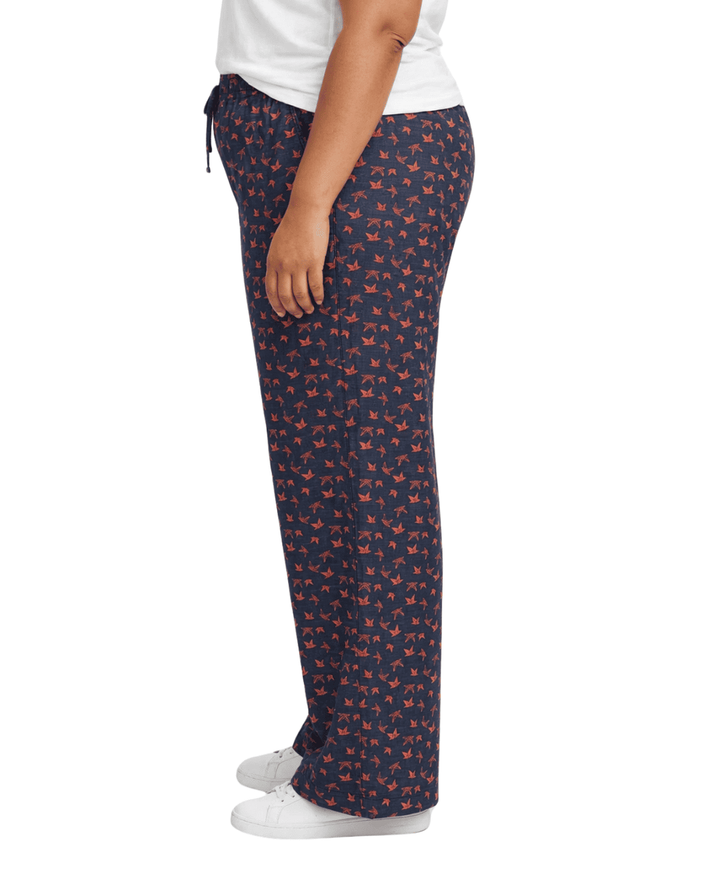 Women Navy Blue Printed Wide Denim Leg Pants with Elasticated Waist