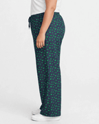 Women Navy Blue Printed Wide Denim Leg Pants with Elasticated Waist